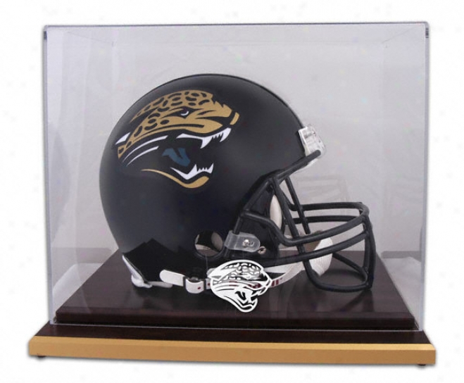 Jacksonvilke Jaguars Logo Helmet Display Case Details: Wood Base, Mirrored Back