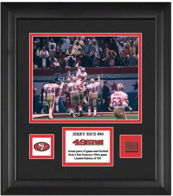 Jerry Rice Framed 8x10 Photograph  Details:S an Francisco 49ers, With Game-used Football Piece And Descriptive Plate