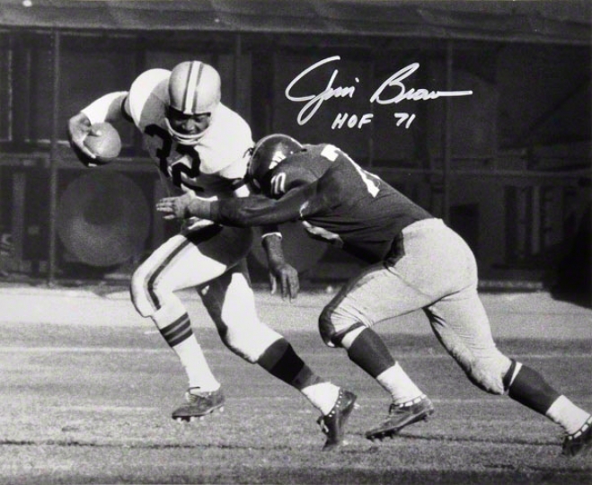 Jim Brown Autographed 16x20 Photograph  Details: Cleveland Browns Autographed, Black And White, Tackled, With &quothof 71&quot Inscription