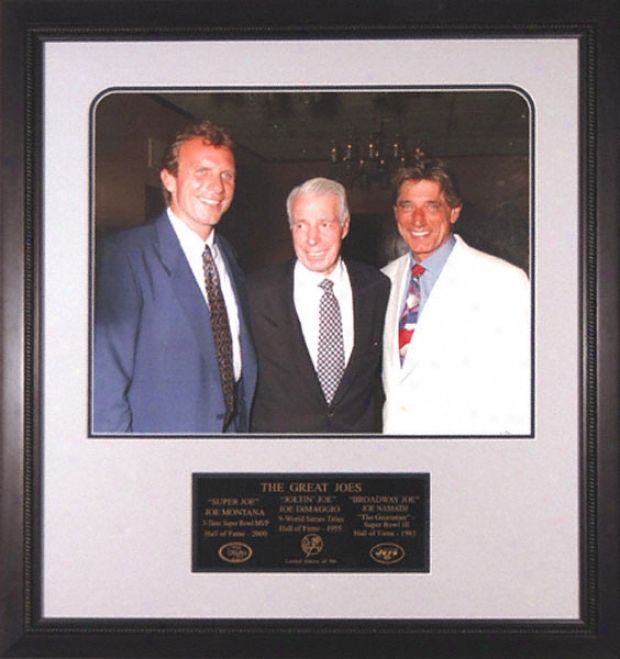 Joe Dimaggio,, Joe Montana And Joe Namath - Three Great Joes - Framed 16x20 Unsigned Photograph With Nameplate