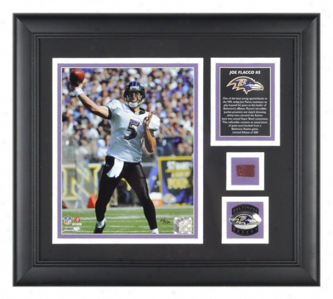 Joe Flacco Baltimore Rabems Framed 8x10 Photograph Upon Game Used Football Piece And Medallion