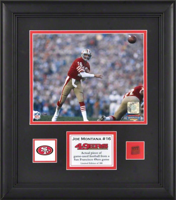 Joe Montana Framed 8x10 Photograph  Details: San Francisco 49ers, With Game-used Football Piece And Descriptive Plate