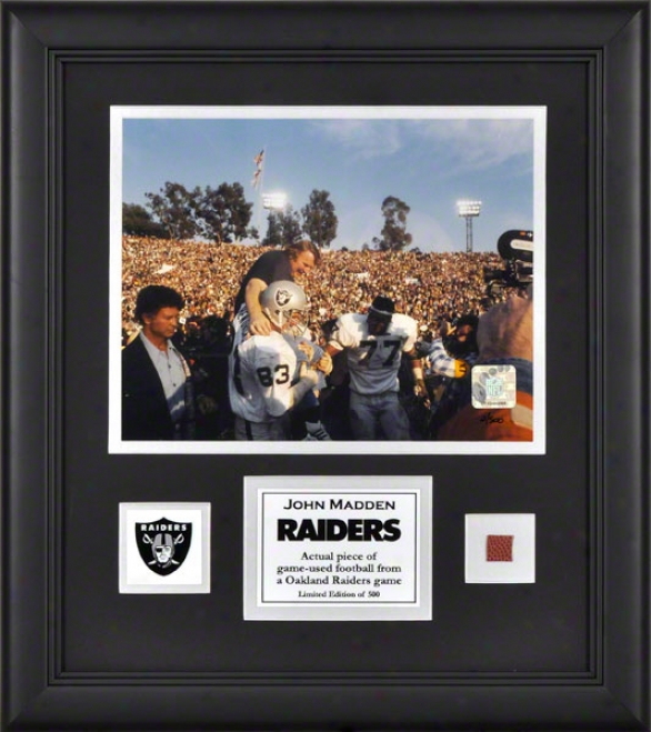 John Madden Framed 8x10 Photograph  Detaips: Oakland Raiders, With Game-used Football Piece And Descroptive Dish