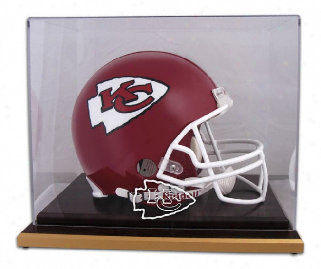 Ksnsas City Chiefs Logo Helmet Display Case Details: Wood Base, Mirrored Back