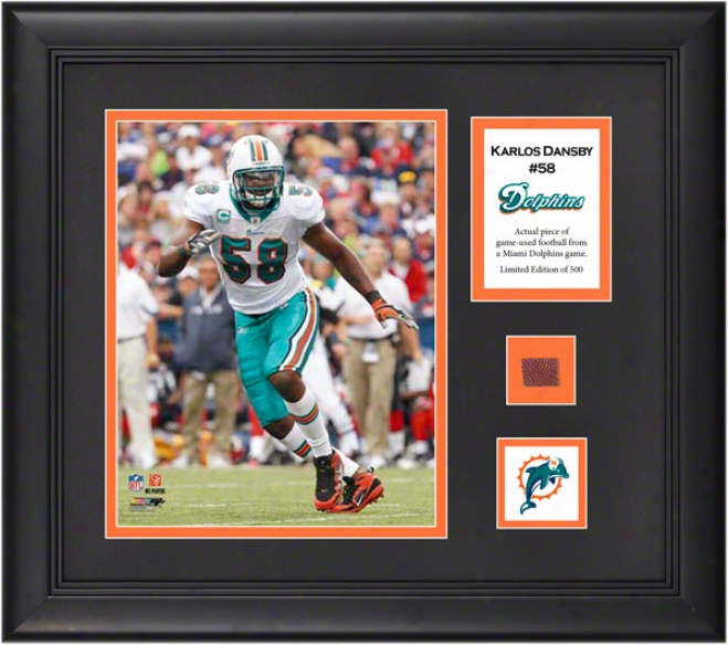 Karlos Dansby Framed 8x10 Photograph  Details: Miami Dolphins, With Game-used Football Piece And Descriptive Plate