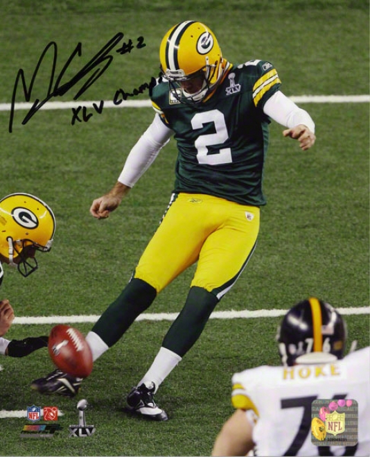 Mason Crosby Autographed Photograph  Details: Green Bay Packers, 8x10, Xlv Champs Inscription