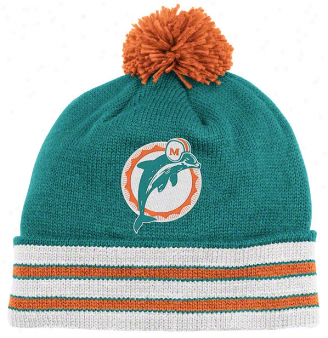 Miami Dolphins Aqua Mitchell & Ness Throwbacks Jersey Stripe Cuffed Pom Knit Hat