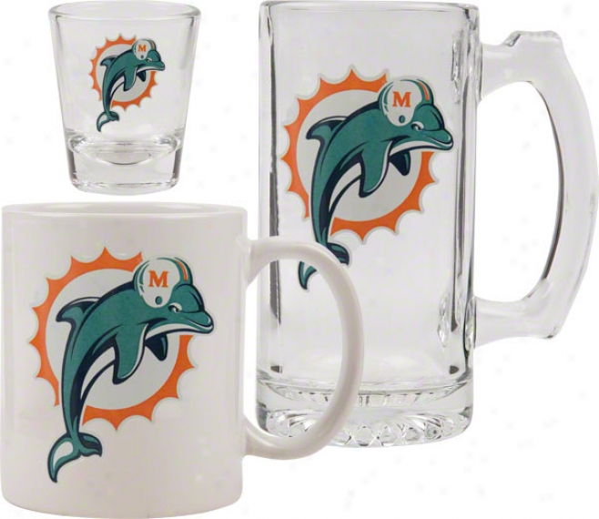 Muami Dolphins Glasssware Set: Logo Tankard, Coffee Mug, Shot Glass