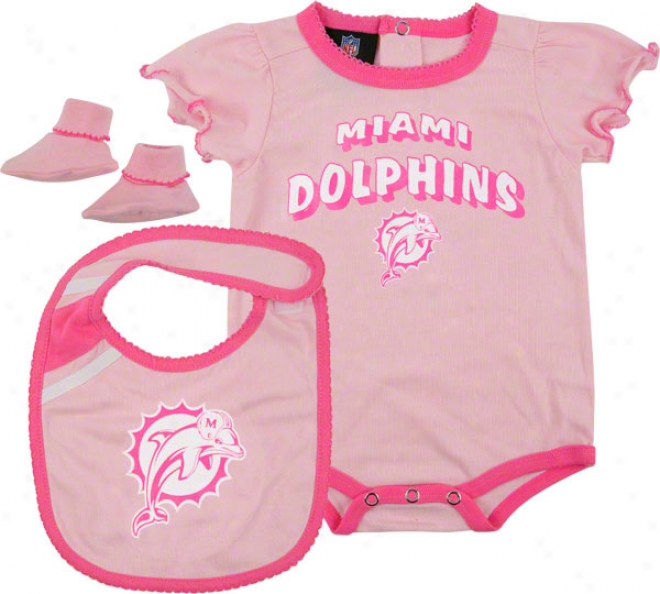 Miami Dolphins Babe Pink Creeper, Bib, And Bootie Set