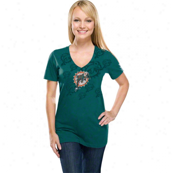 Miami Dolphins Women's D.l. Deep V-neck Aqua Short Sleeve Top