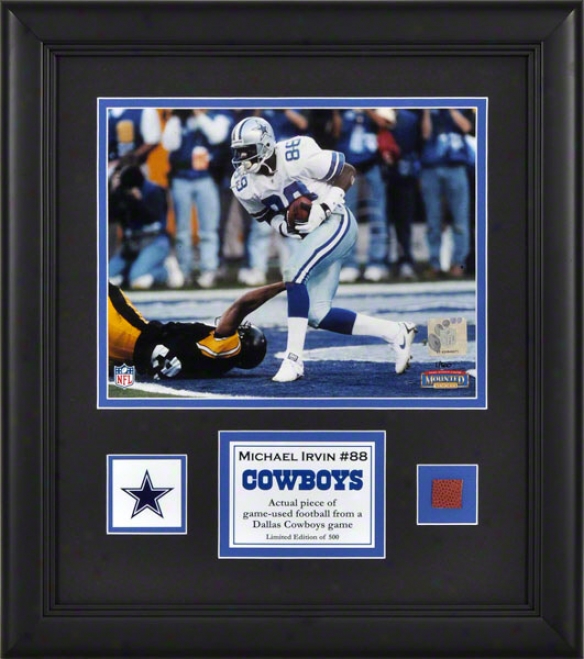 Michael Irvin Framed 8x10 Photograph  Details: Dallas Cowboys, With Game-used Football Piece And Descriptive Plate