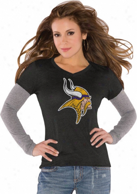 Minnesota Vikings Black Women's Primary Logo Tri Blend Long Sleeve Layered T-shirt- In proportion to Alyssa Milano