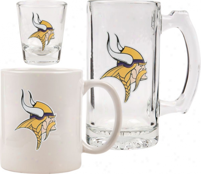 Minnestoa Vikings Glassware Set: Logo Tankard, Coffee Mug, Shot Glass