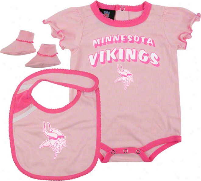 Minnesota Vikings Infant Pink Creeper, Bib, And Bootie Set