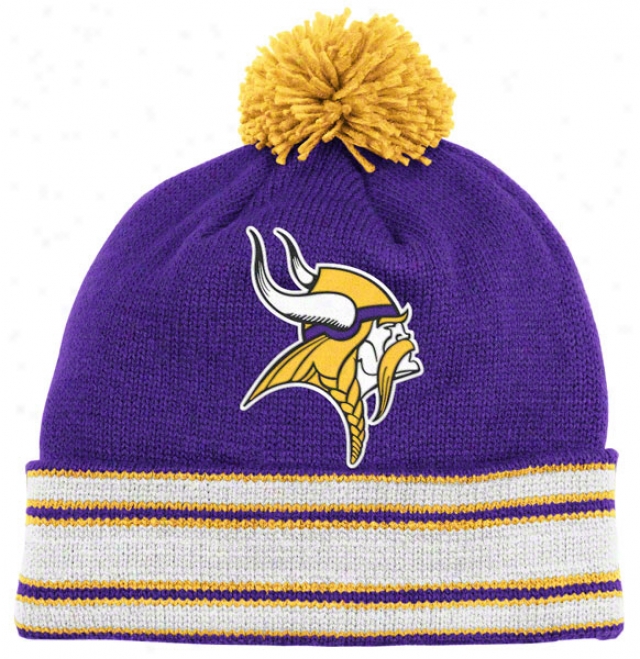 Minnesota Vikings Purple Mitchell & Ness Trowbacks Jersey Stripe Cuffed Pom Knit Hat