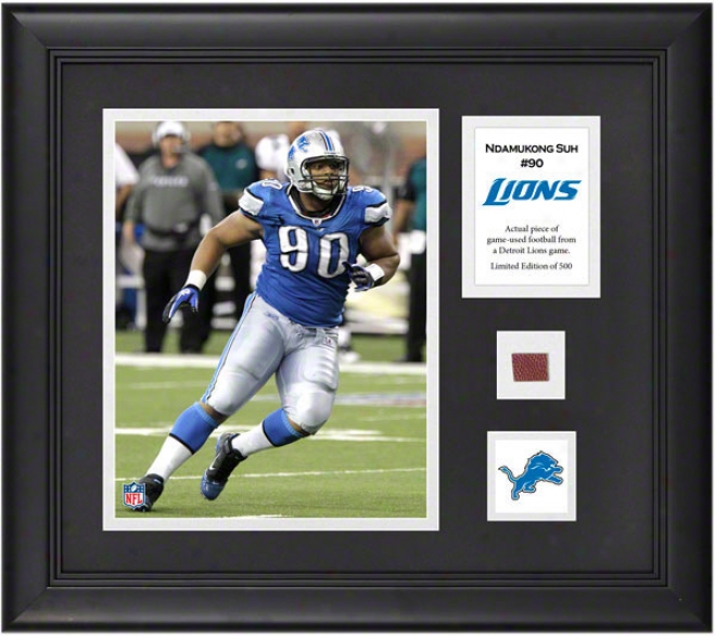 Ndamukong Suh Framed 8x10 Photograph  Details: Detroit Lions, With Game-used Football Piece And Descriptive Plate