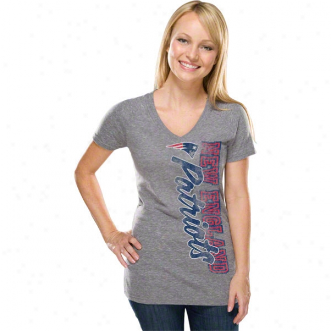 New England Patriots Women's Side Swept Logo Gray Tri-blend V-neck T-shirt