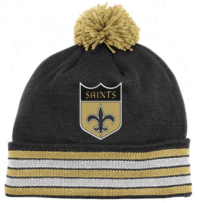 New Orleans Saints Black Mitchell & Ness Throwbacks Jersey Stripe Cuffed Pom Knit Hat