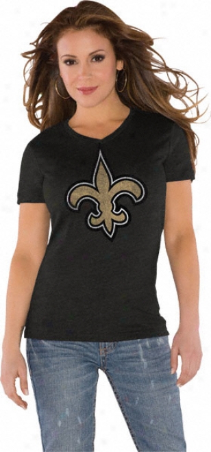 New Orleans Saints Black Women's Primary Logo Tri Mingle V Neck T-shirt- By Alyssa Milano