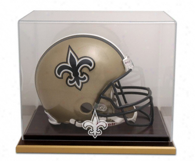 New Orleans Saints Logo Helmet Display Case Details: Wood Base, Mirrored Back