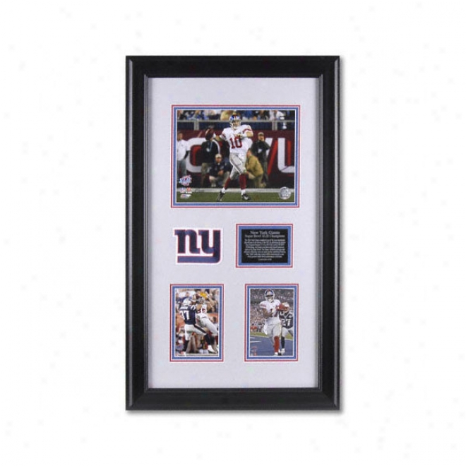 New York Giants Super Bowl Xlii Champions Framed Display Piece With 8x10 And Two 4x6 Photographs With Team Patch