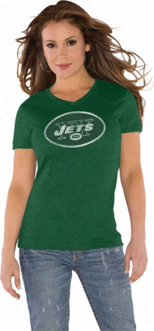 New York Jets Green Women's Primary Logo Tri Blend V Neck T-shirt- By Alyssa Milano