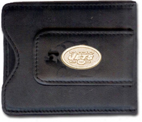 New York Jets Leather Gold Plated Money Clip With Credit Card Holder