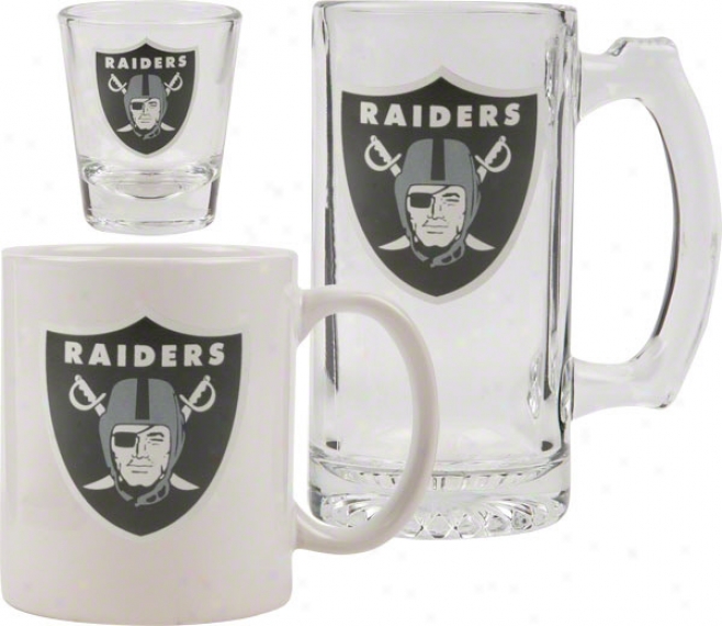 Oakland Raiders Glassware Set: Logo Tankard, Coffee Mug, Shot Glass