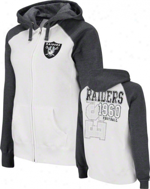 Oakland Raiders Women's Sport Princess White Raglan Full-zip Hooded Sweatshirt