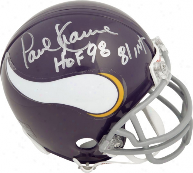 Paul Krause Minnesota Vikings Autographed Mini Helmet With Hof And 81 Int Inscription