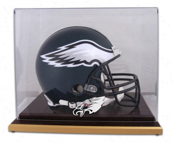 Philadelphia Eagles Logo Helmet Display Case Details: Wood Base, Mirrored Back