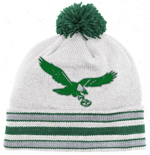 Philadelphia Eagles White Mitchell & Ness Throwbacks Jersey Stripe Cuffed Pom Knit Hat