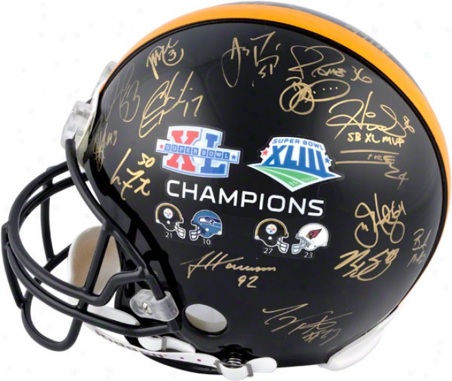 Pittsburgh Steelers Autographed Pro-line Helm  Details: , 28 Signatures, Xl And Xliii, Authentic Riddell Helmet