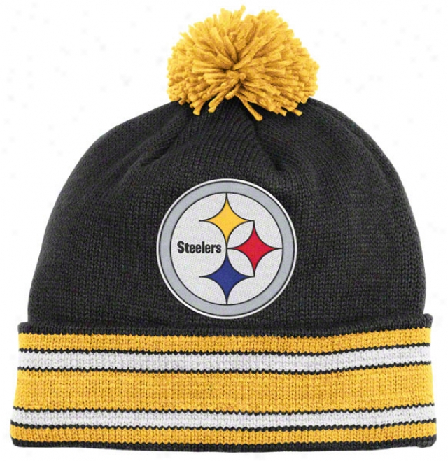 Pittsburgh Steelers Black Mitchell & Ness Throwbacks Jersey Stripe Cuffed Pom Knit Hat