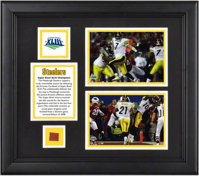 Pittaburgh Steelers Super Bowl Xliii Champions Framed Two 5x7 Photographs With Game Used Football Piece, Logo And Plate