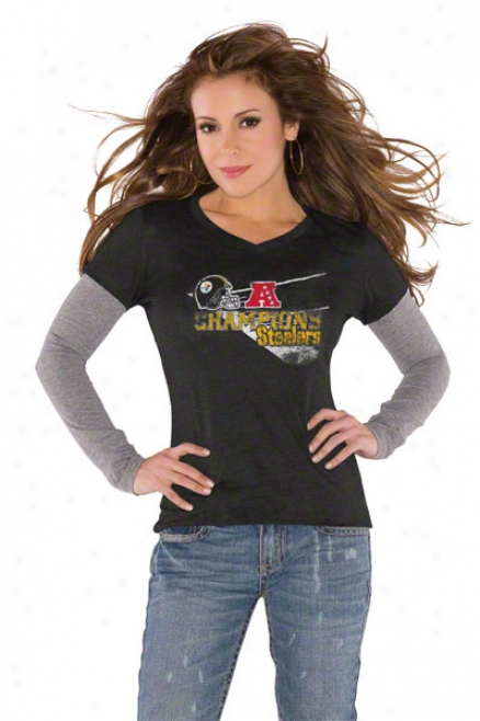 Pittsburgh Steelers Women's Black 2010 Afc Champions Tri Blend Long Sleeve Layered T-shirt- Bh Alyssa Milano