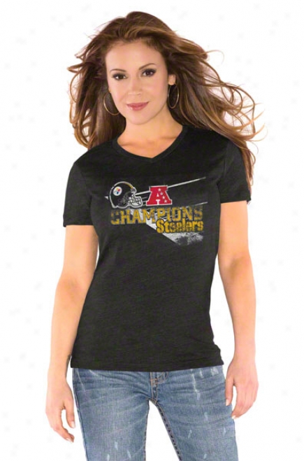 Pittsburgh Steelers Women's Black 2010 Afc Champions Tri Blend V Neck T-shirt- By Alyssa Milano