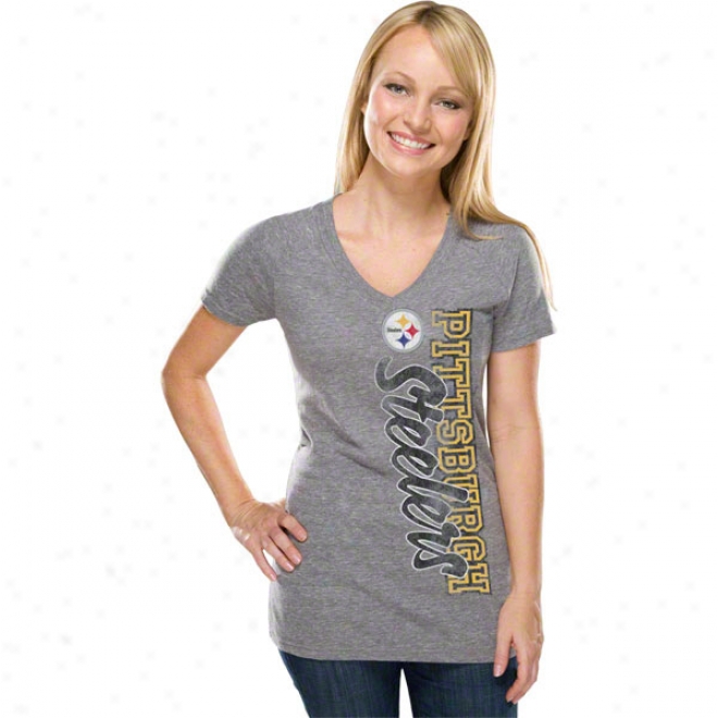 Pittsburgh Steelers Women's Side Swept Logo Black Heather Tri-blend V-neck T-shirt