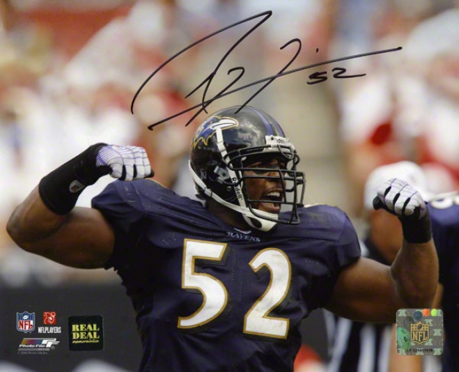 Ray Lewis Autogrpahed Photograph  Details: Baltimore Ravens, Flexing, 8x10