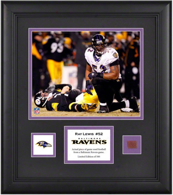 Ray Lewis Framed 8x10 Photograph  Details: Baltimore Ravens, With Game-used Football Piece And Descriptive Plate