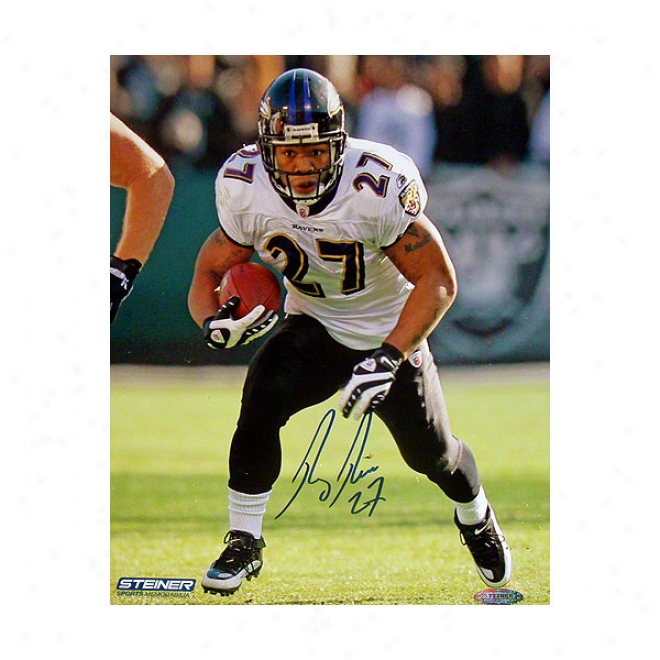 Ray Rice Baltimore Ravens White Jersey Running Ball Autographed 8x10 Photograph