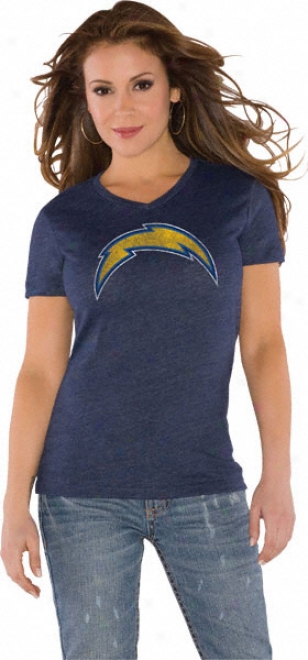 San Diego Chargers Navy Women's Primary Logo Tri Blend V Neck T-shirt- By Alyssa Milano