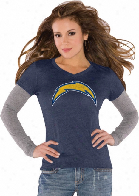 San Diego Chargers Navy Women's Primary Logo Tri Blend Long Sleeve Layered T-shirt- By Alyssa Milano