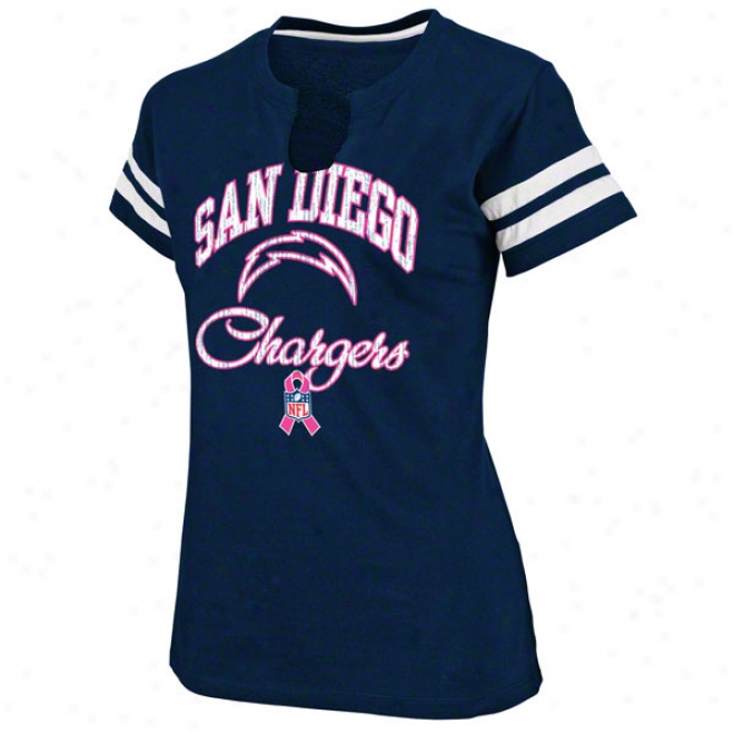 San Diego Chargers Women's Blue Breast Cancer Awareness Split Neck Crew T-shirt