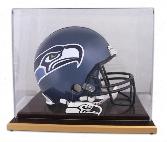 Seattle Seahawks Logo Helmet Display Case Details: Wood Base, Mirrored Upper part