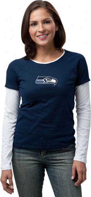 Seattle Seahawks Women's Navy Logo Premier Too Long Sleeve Layered Tissue T-shirt