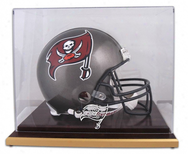 Tampa Bay Buccaneers Logo Helmet Display Case Details: Wood Base, Mirrred Back