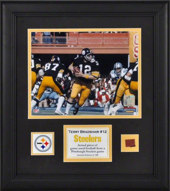 Terry Bradshaw Framed 8x10 Phitograph  Details: Pittsburgh Steelers, With Game-used Football Piece And Descriptive Plate