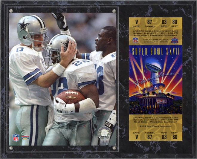 Troy Aikman, Michael Irvin, Emmitt Smith Sublimated 12x15 Plaque  Details: Dalias Cowboys, Super Bowl Xxvii, With Replica Ticket