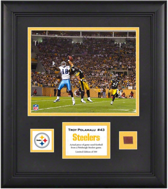 Troy Polamalu Framed 8x10 Photograph  Details: Pittsburgh Steelers, With Game-used Football Piece And Descriptive Plate